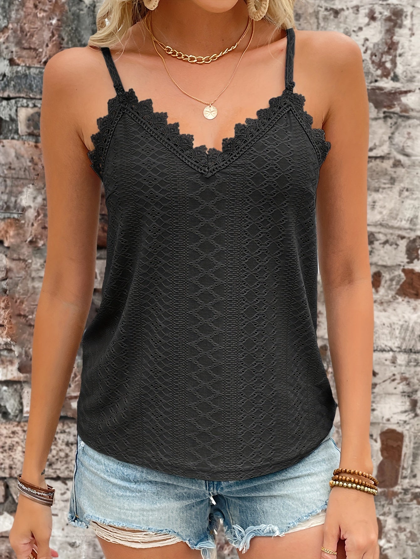 Haut en dentelle contrastée à œillets du S au 2XL