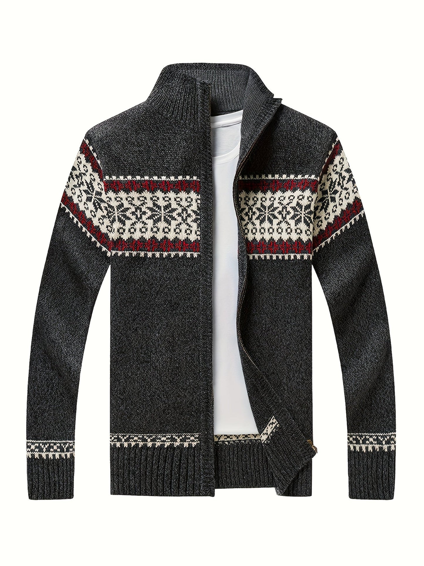 Men'S Casual Winter Knit Cardigan - Black with Intricate White Snowflake Pattern, Stand Collar, Long Sleeve, Zipper Closure, Perfect for Fall & Winter, Everyday Comfort|Stylish Winter Wear|Zippered Cardigan, Thick MAEJORKEN