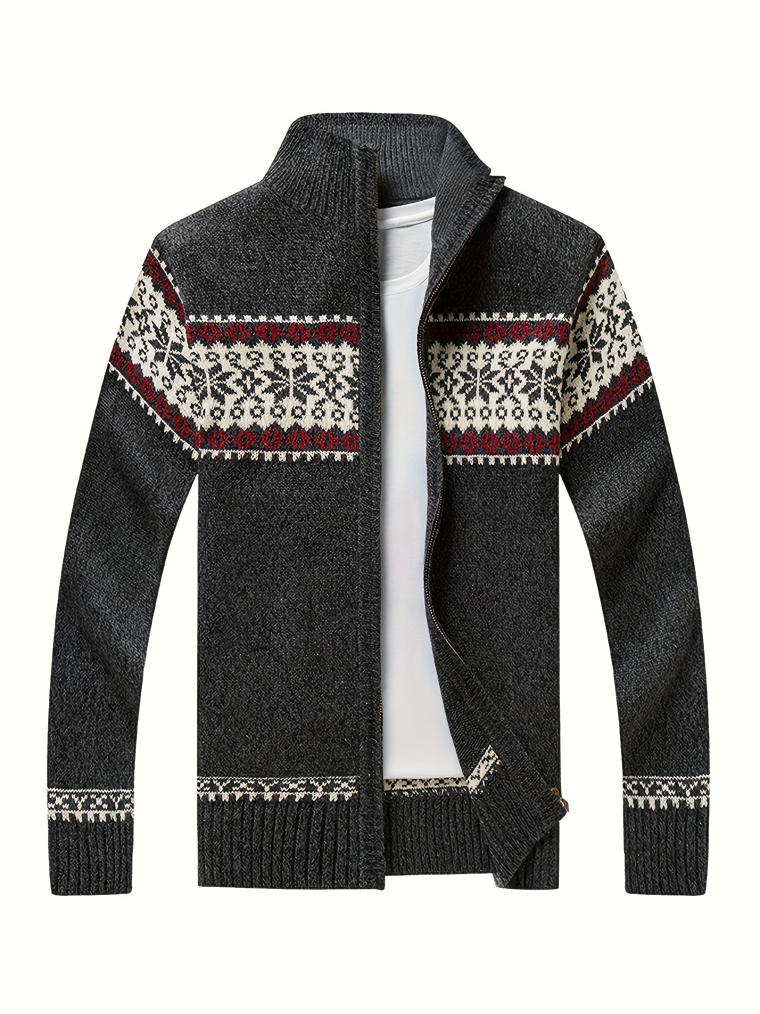 Men'S Casual Winter Knit Cardigan - Black with Intricate White Snowflake Pattern, Stand Collar, Long Sleeve, Zipper Closure, Perfect for Fall & Winter, Everyday Comfort|Stylish Winter Wear|Zippered Cardigan, Thick MAEJORKEN