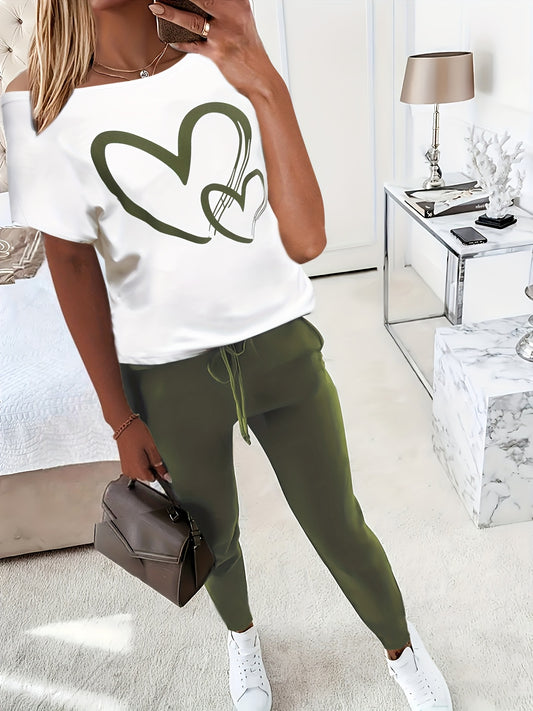 Ensemble t-shirt à manches courtes et pantalon à imprimé cœur du S au 2XL