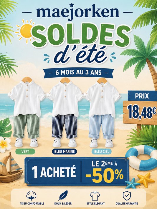 Ensemble 2 pièces pour enfants, style littéraire d'été, comprenant une chemise à manches courtes et col montant, et un pantalon décontracté à rayures du 6 mois au 3 ans MAEJORKEN