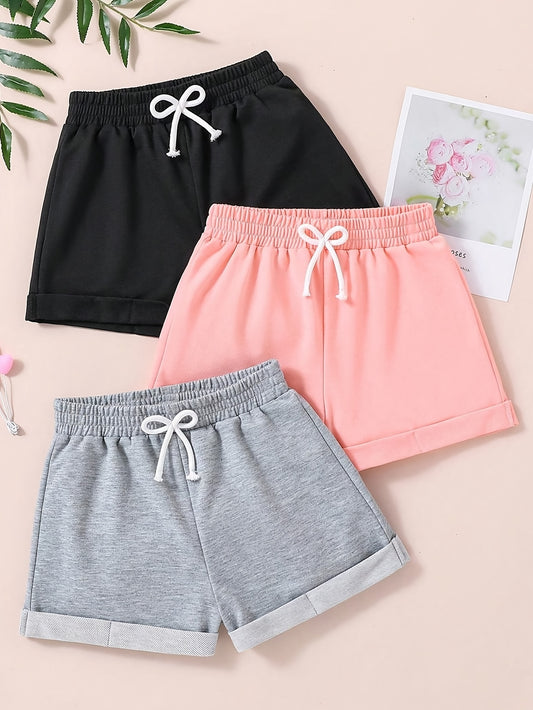 Lot de 3 shorts taille haute pour filles avec cordon de serrage réglable du 7 au 14 ans