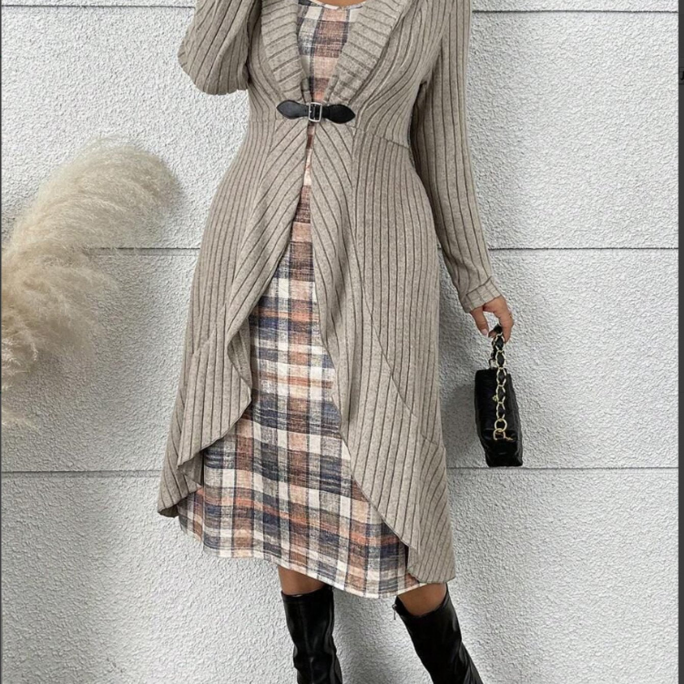 Ensemble deux pièces veste à manches longues et robe à carreaux grande taille du XL au 5XL