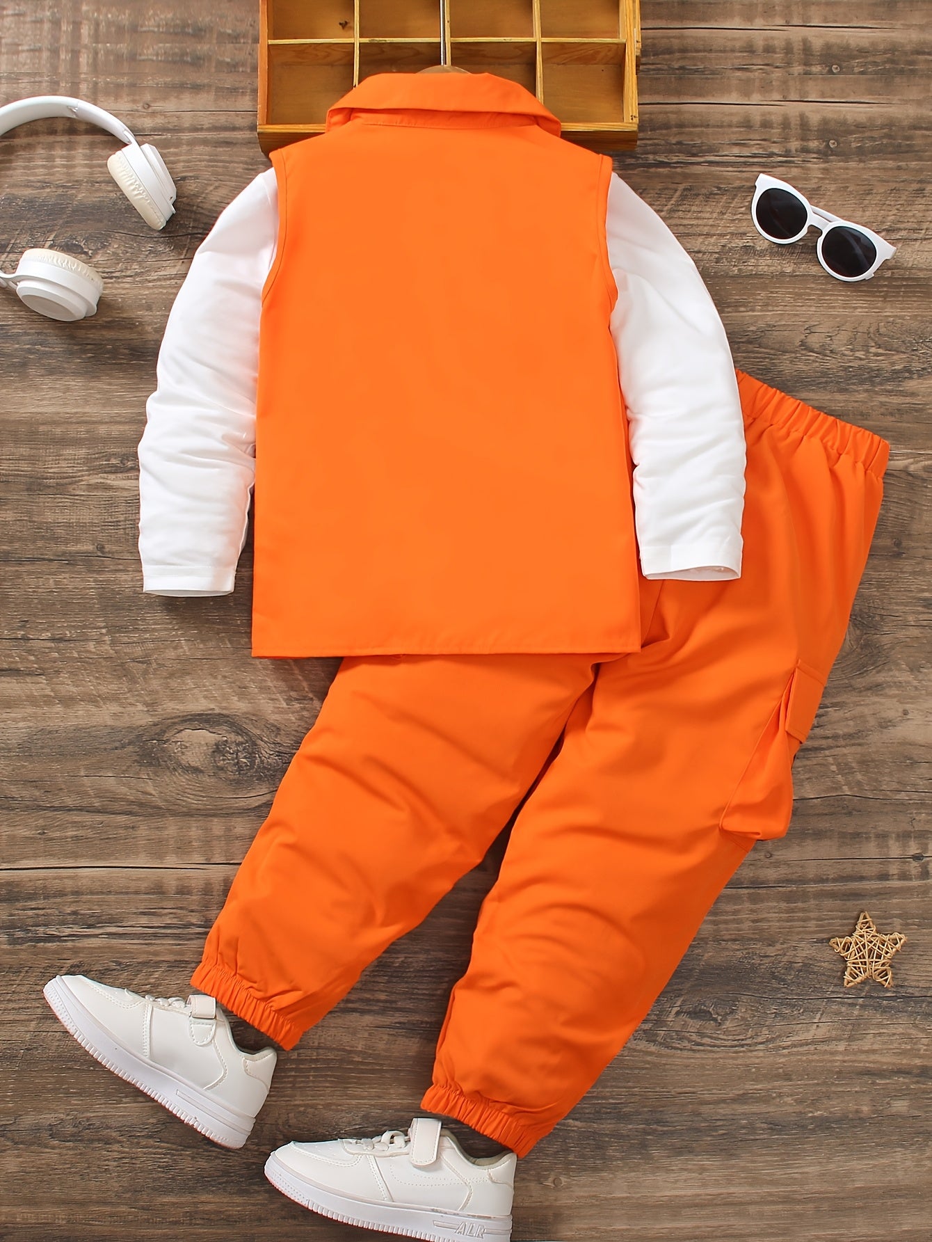 Ensemble 3 pièces gilet décontracté avec fausses poches t-shirt à manches longues et pantalon cargo avec poches latéral du 4 au 12 ans