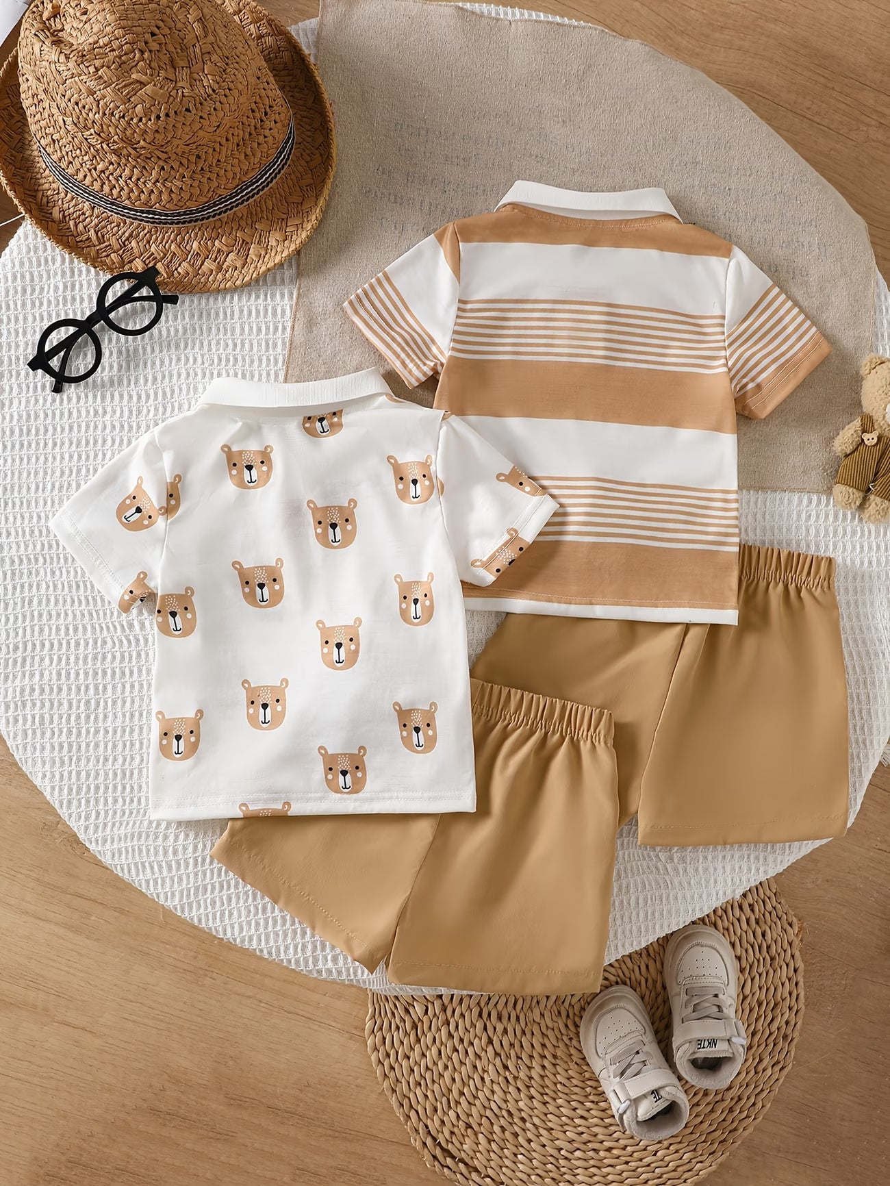 Ensemble 4 pièces pour bébé garçon style européen et américain, motif de dessin animé + Haut à manches courtes rayé et élégant avec patte de boutonnage semi-ouverte + Short à taille élastique du 6 mois au 3 ans MAEJORKEN