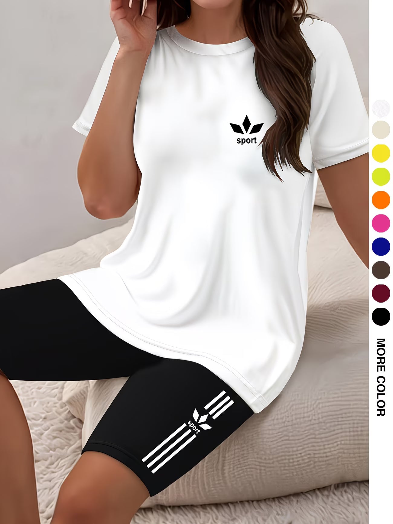 Ensemble deux pièces pour femmes, haut à manches courtes et col rond avec imprimé graphique et short moulant imprimé du XS au 2XL MAEJORKEN