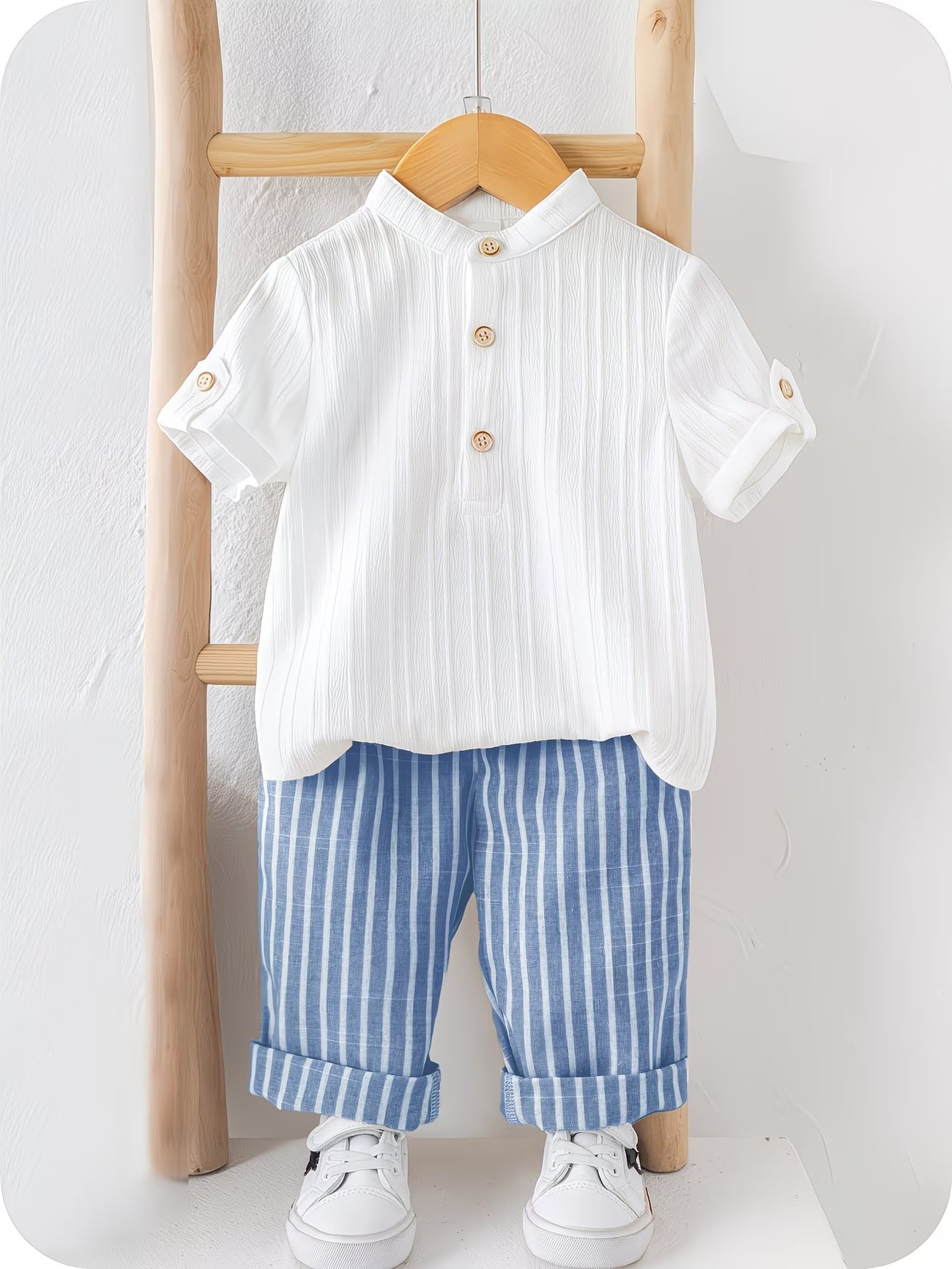 Ensemble 2 pièces pour enfants, style littéraire d'été, comprenant une chemise à manches courtes et col montant, et un pantalon décontracté à rayures du 6 mois au 3 ans MAEJORKEN