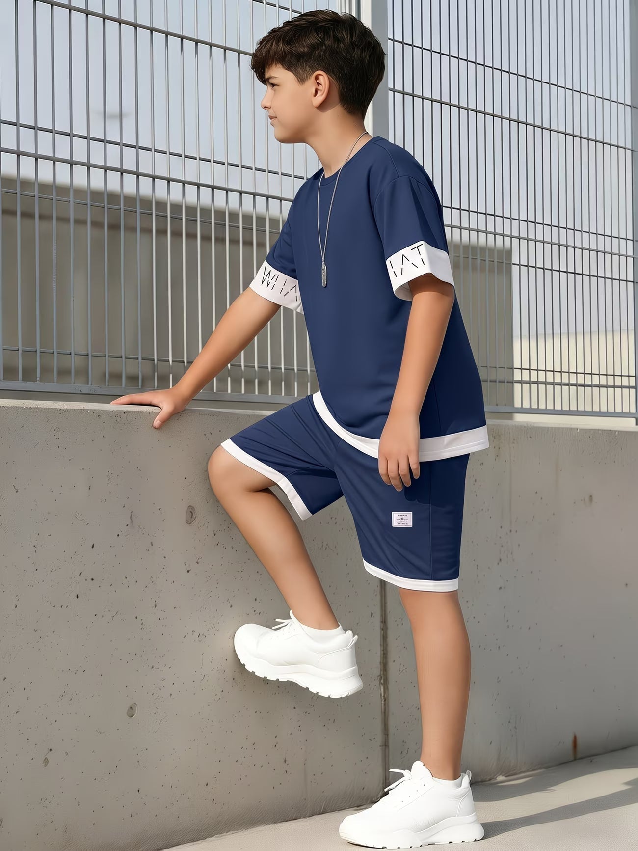 Ensemble d'été décontracté contrasté pour adolescent, imprimé de lettres kaki, manches courtes et short du 13 au 16 ans MAEJORKEN
