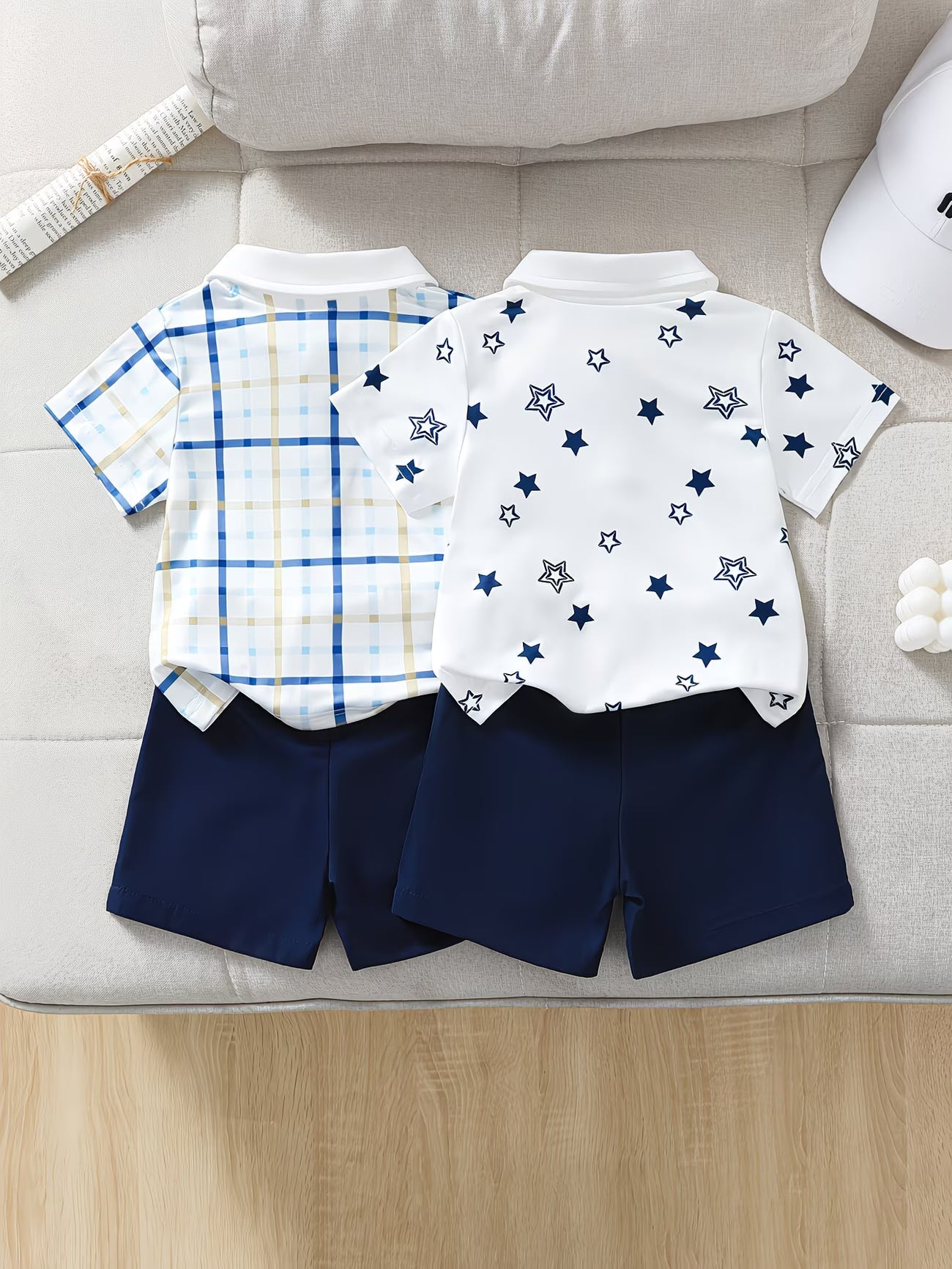 Ensemble d'été pour enfant de style sportif, décontracté 4 pièces : Chemise à manches courtes à ouverture semi-ouverte avec revers et imprimé intégral + Short uni, parfait pour l'extérieur du 6 mois au 3 ans MAEJORKEN