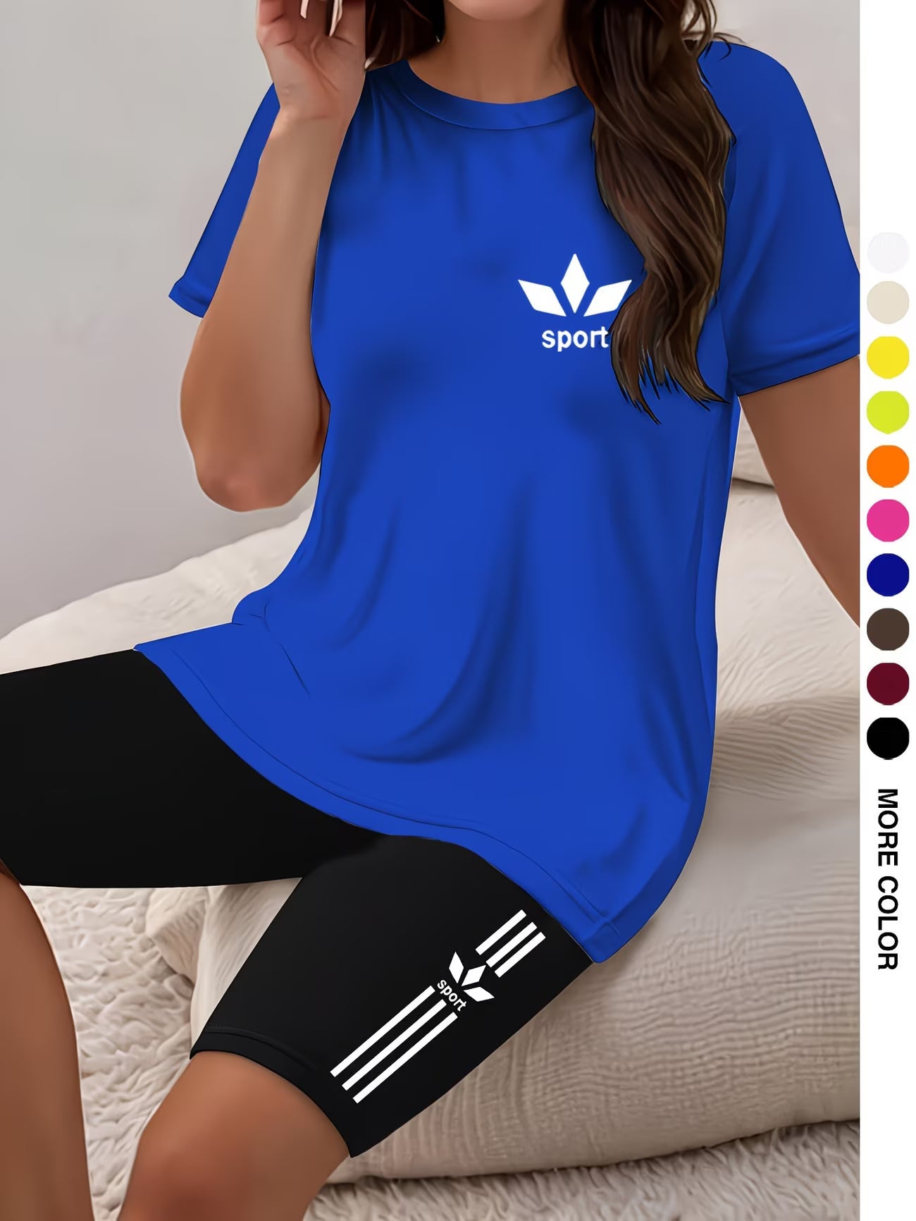 Ensemble deux pièces pour femmes, haut à manches courtes et col rond avec imprimé graphique et short moulant imprimé du XS au 2XL MAEJORKEN