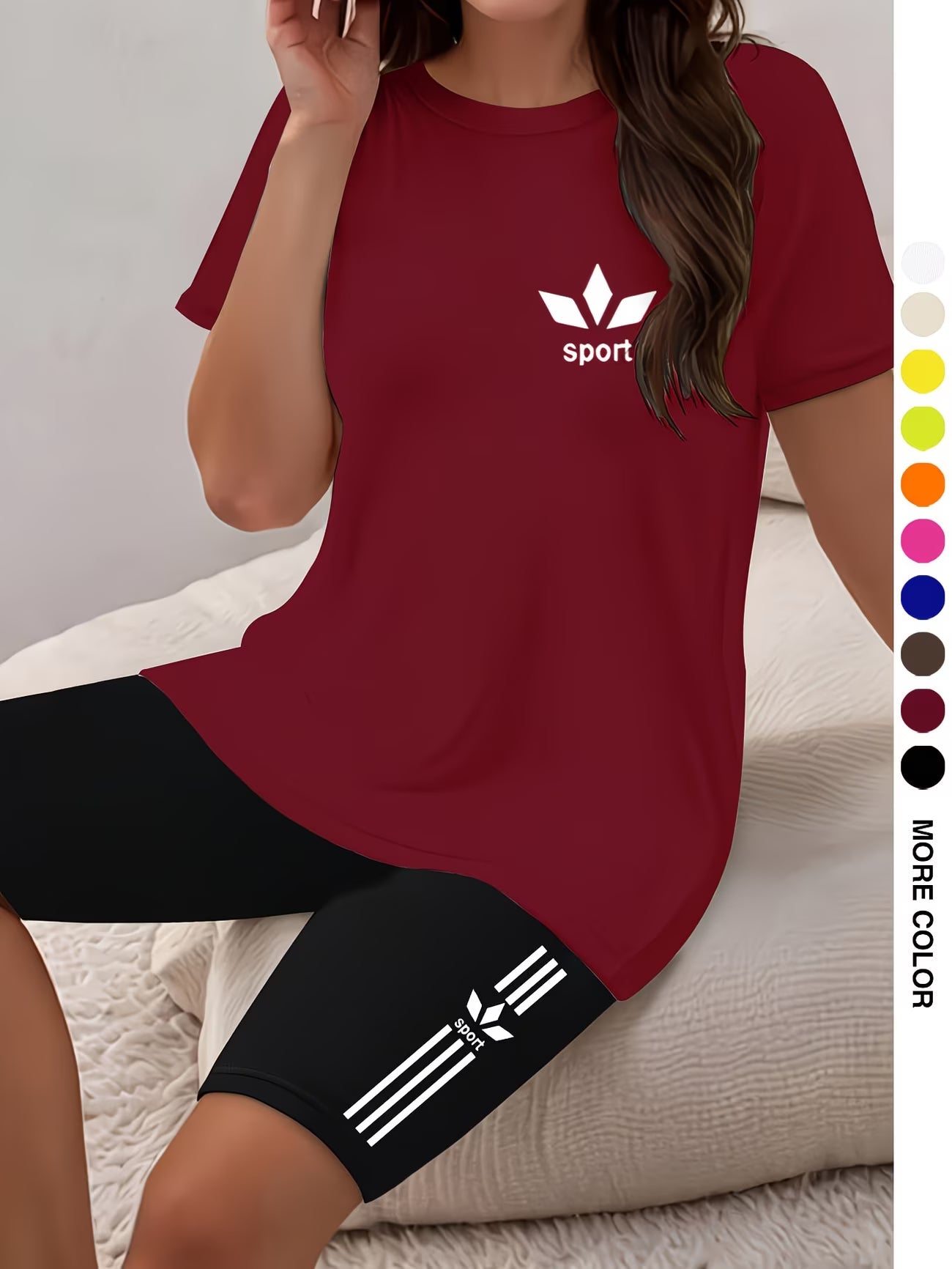Ensemble deux pièces pour femmes, haut à manches courtes et col rond avec imprimé graphique et short moulant imprimé du XS au 2XL MAEJORKEN