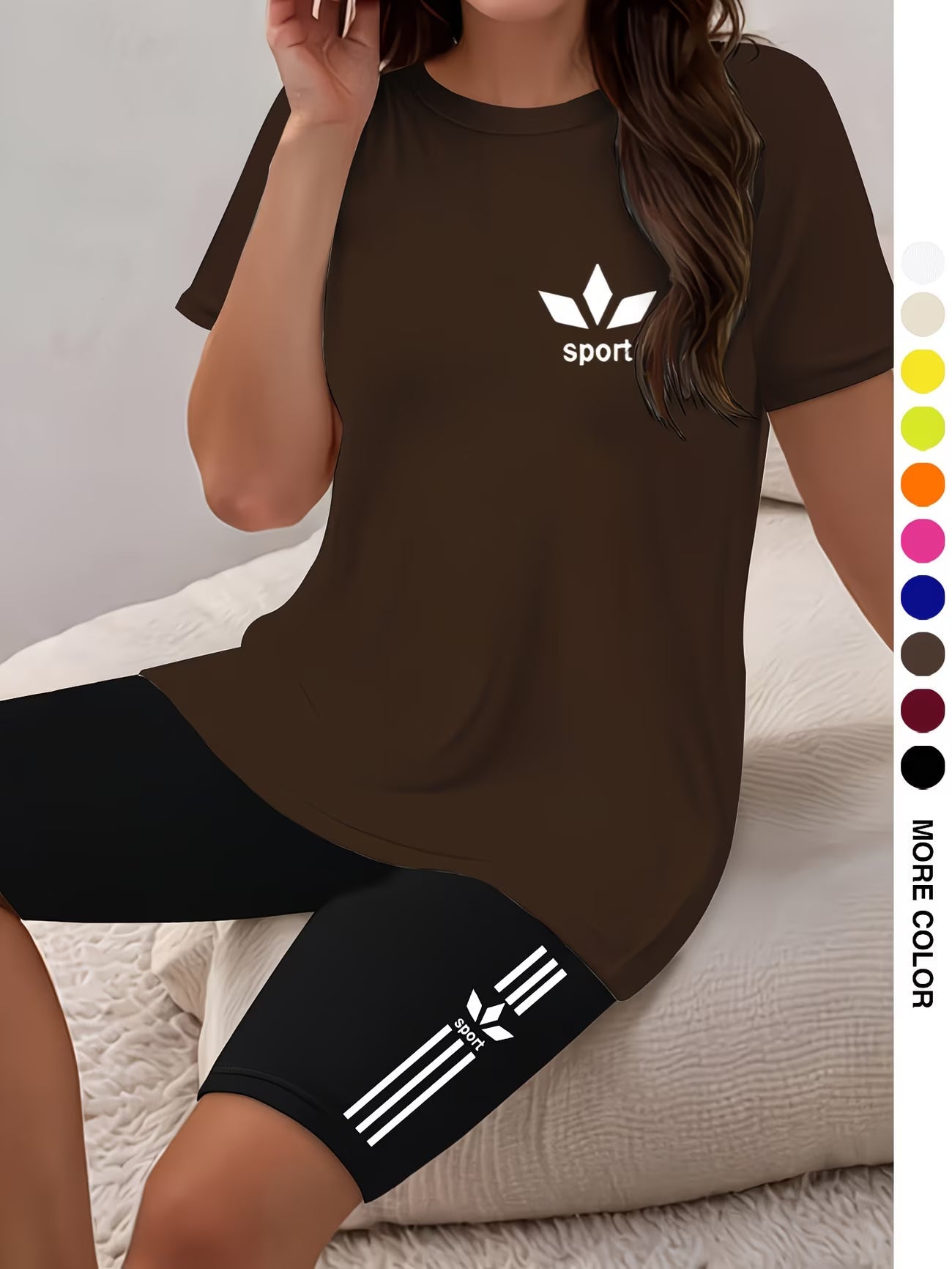 Ensemble deux pièces pour femmes, haut à manches courtes et col rond avec imprimé graphique et short moulant imprimé du XS au 2XL MAEJORKEN