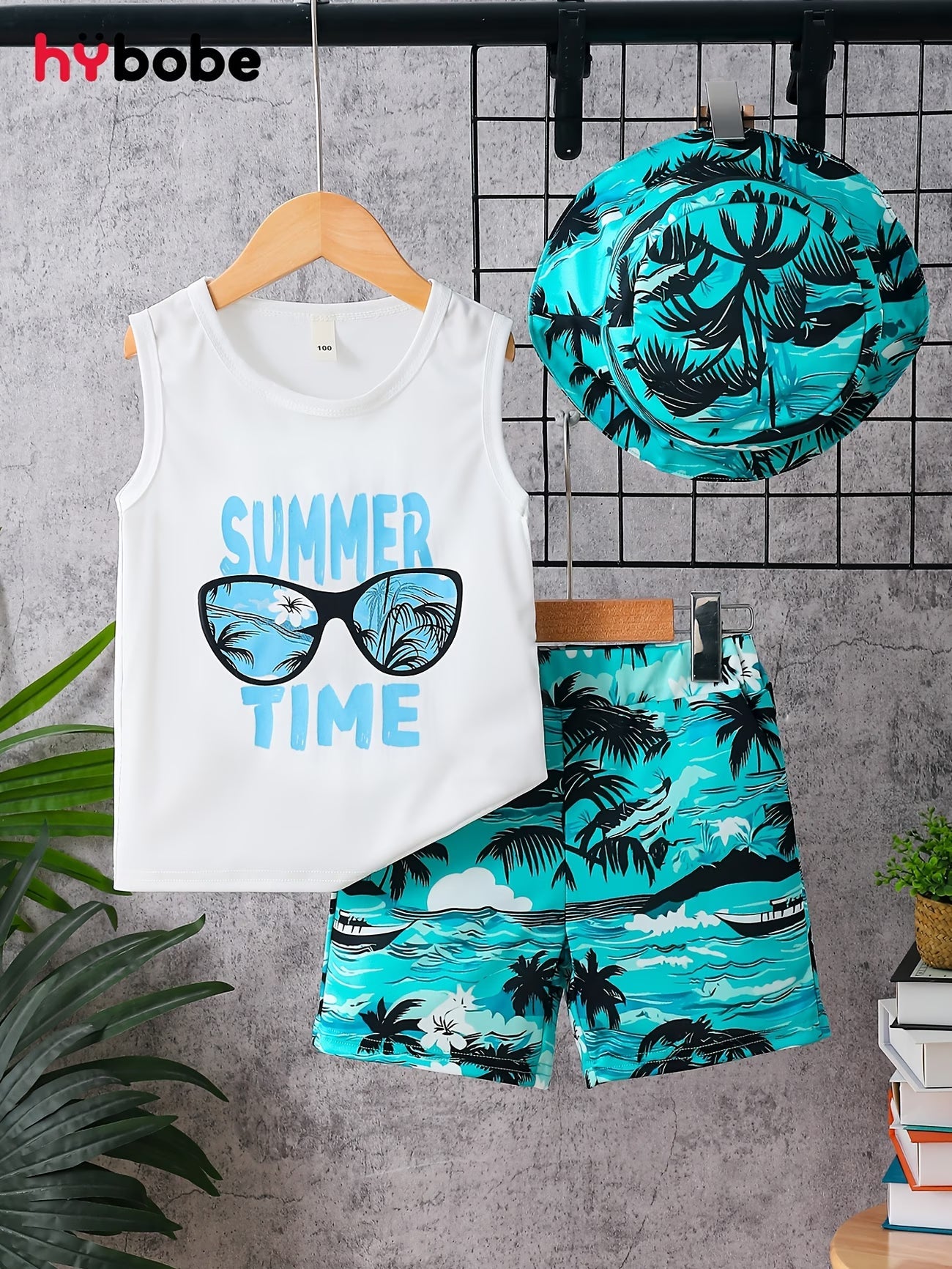 Ensemble 3 pièces de shorts décontractés d'été pour garçon : T-shirt débardeur blanc avec slogan à lettres, short de plage bleu et chapeau élégant du 3 au 10 ans MAEJORKEN