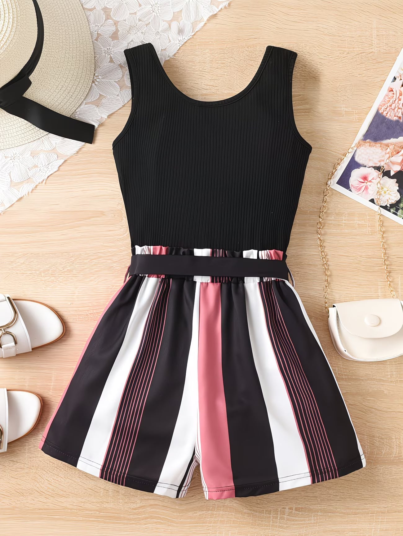 Ensemble décontracté 2 pièces pour fille : Haut à ourlet échancré + Short ample à rayures avec ceinture, Tenue confortable et facile à porter du 5 au 14 ans MAEJORKEN