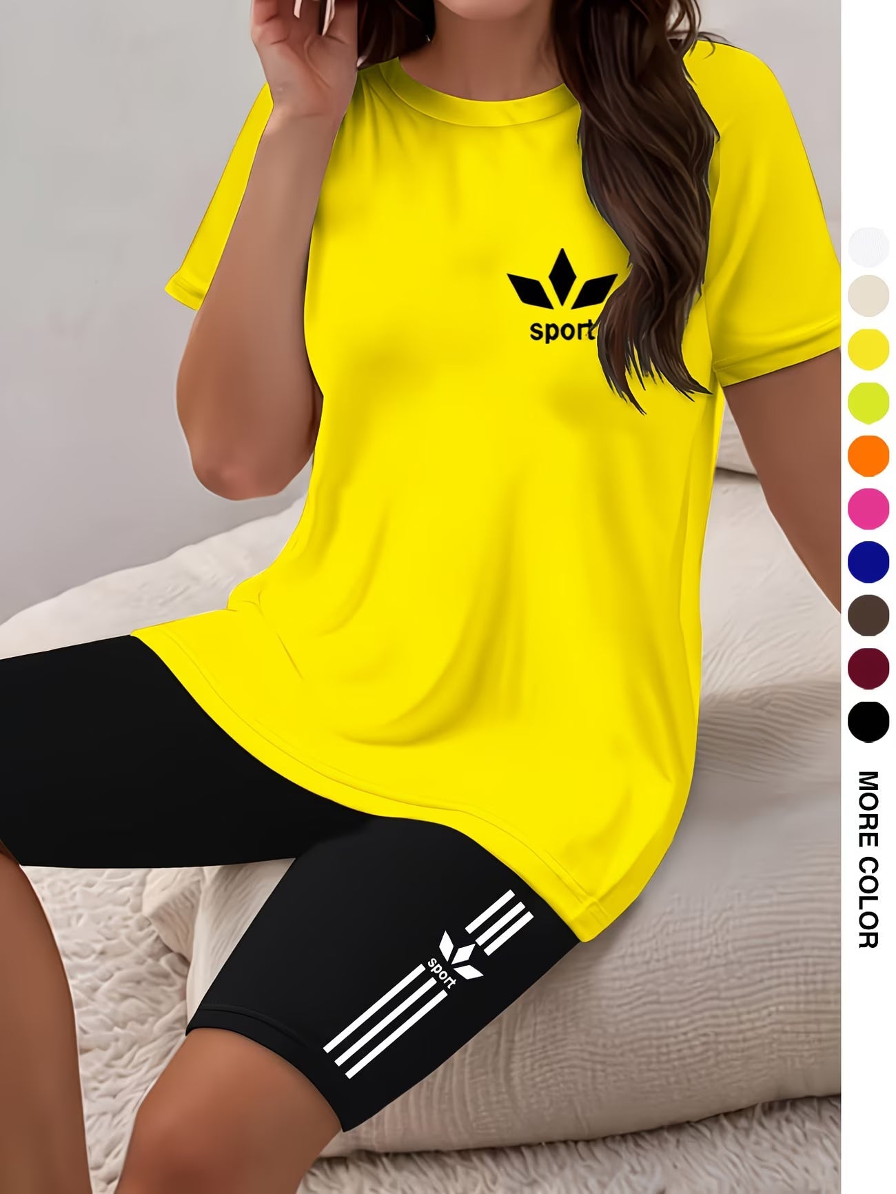 Ensemble deux pièces pour femmes, haut à manches courtes et col rond avec imprimé graphique et short moulant imprimé du XS au 2XL MAEJORKEN