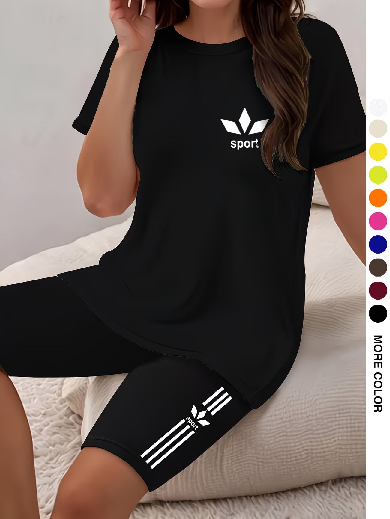 Ensemble deux pièces pour femmes, haut à manches courtes et col rond avec imprimé graphique et short moulant imprimé du XS au 2XL MAEJORKEN