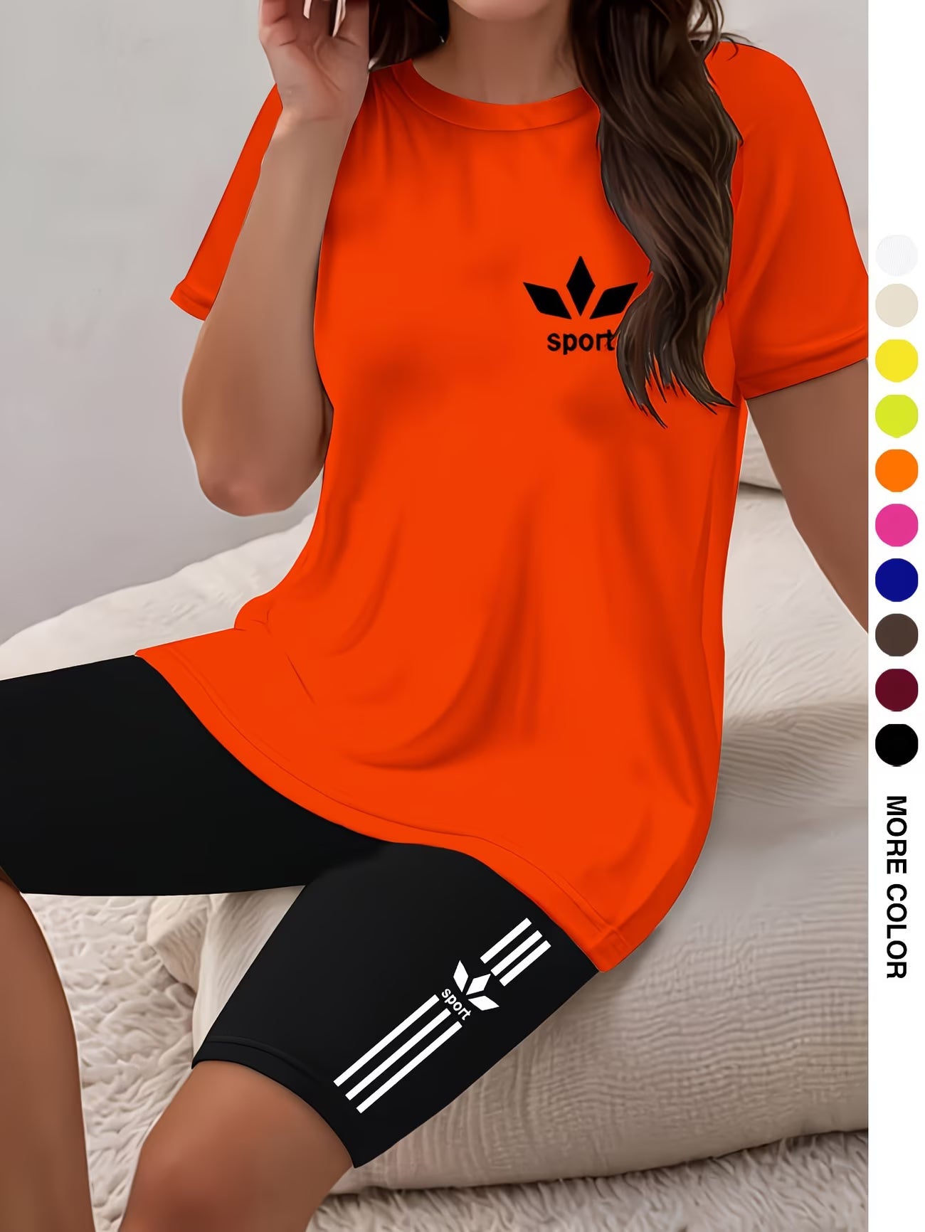 Ensemble deux pièces pour femmes, haut à manches courtes et col rond avec imprimé graphique et short moulant imprimé du XS au 2XL MAEJORKEN