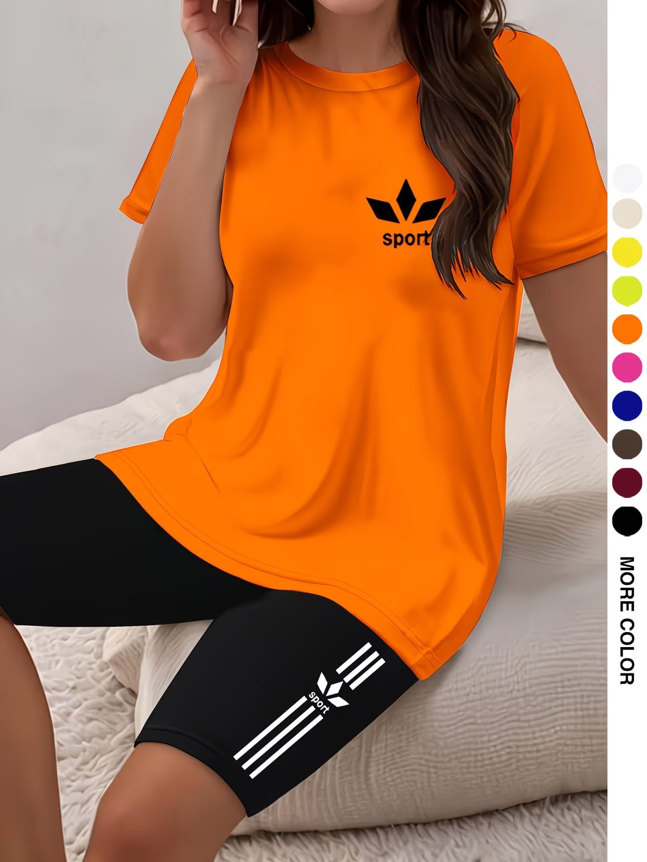 Ensemble deux pièces pour femmes, haut à manches courtes et col rond avec imprimé graphique et short moulant imprimé du XS au 2XL MAEJORKEN