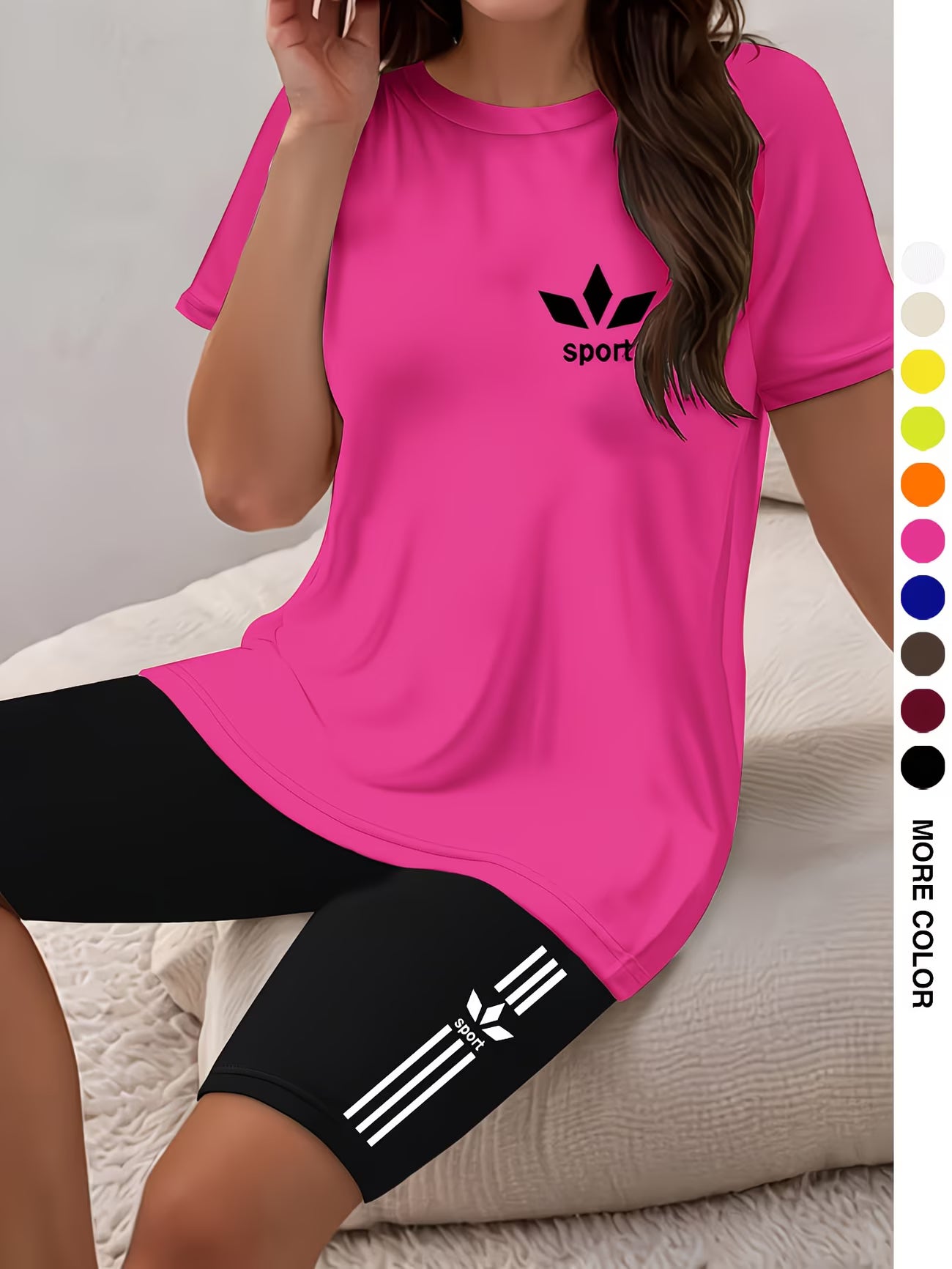 Ensemble deux pièces pour femmes, haut à manches courtes et col rond avec imprimé graphique et short moulant imprimé du XS au 2XL MAEJORKEN