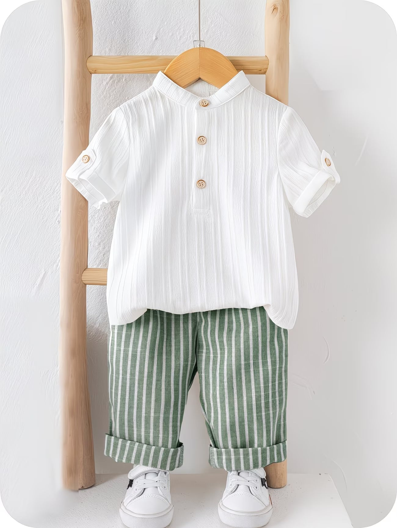 Ensemble 2 pièces pour enfants, style littéraire d'été, comprenant une chemise à manches courtes et col montant, et un pantalon décontracté à rayures du 6 mois au 3 ans MAEJORKEN