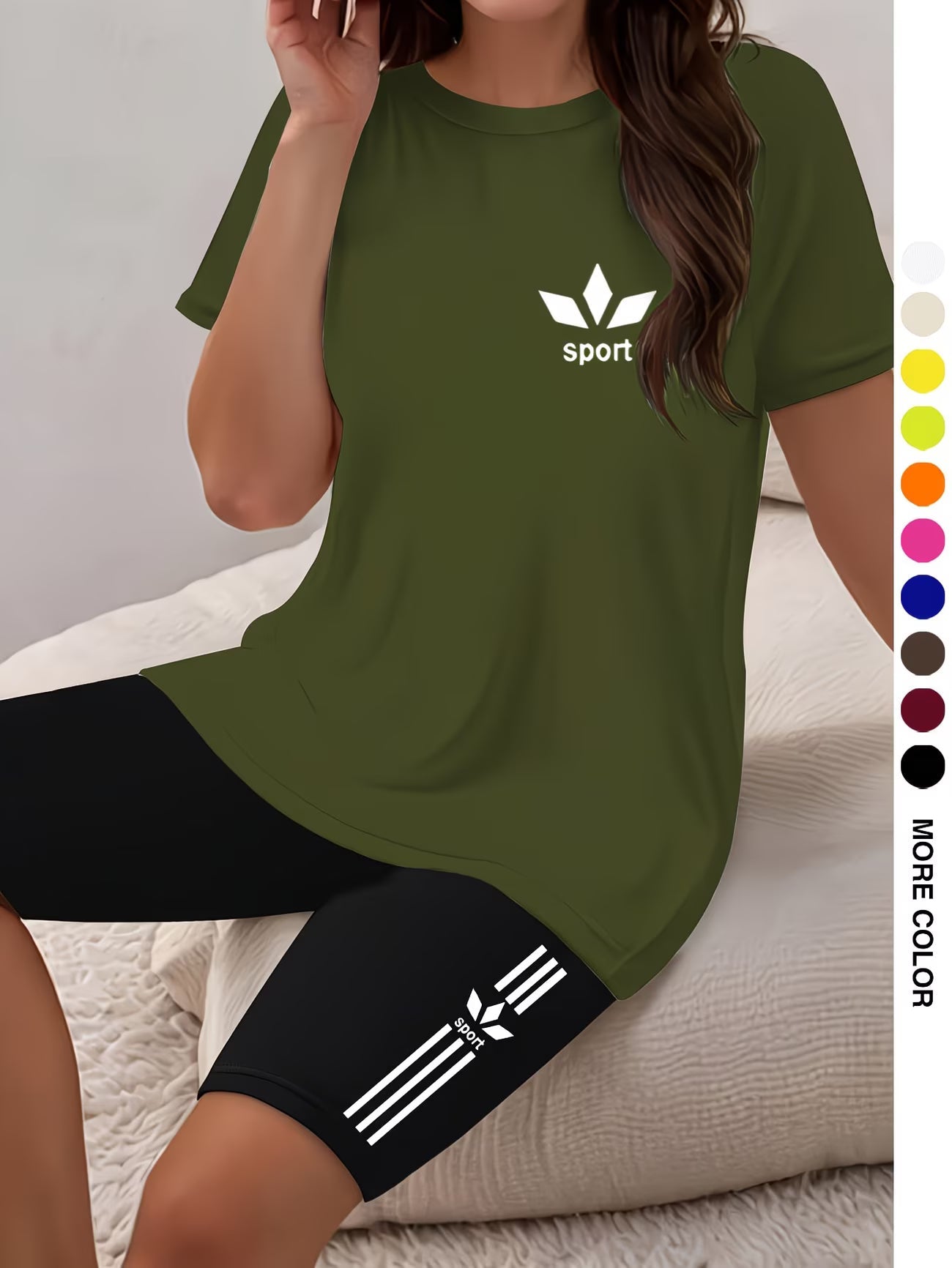 Ensemble deux pièces pour femmes, haut à manches courtes et col rond avec imprimé graphique et short moulant imprimé du XS au 2XL MAEJORKEN