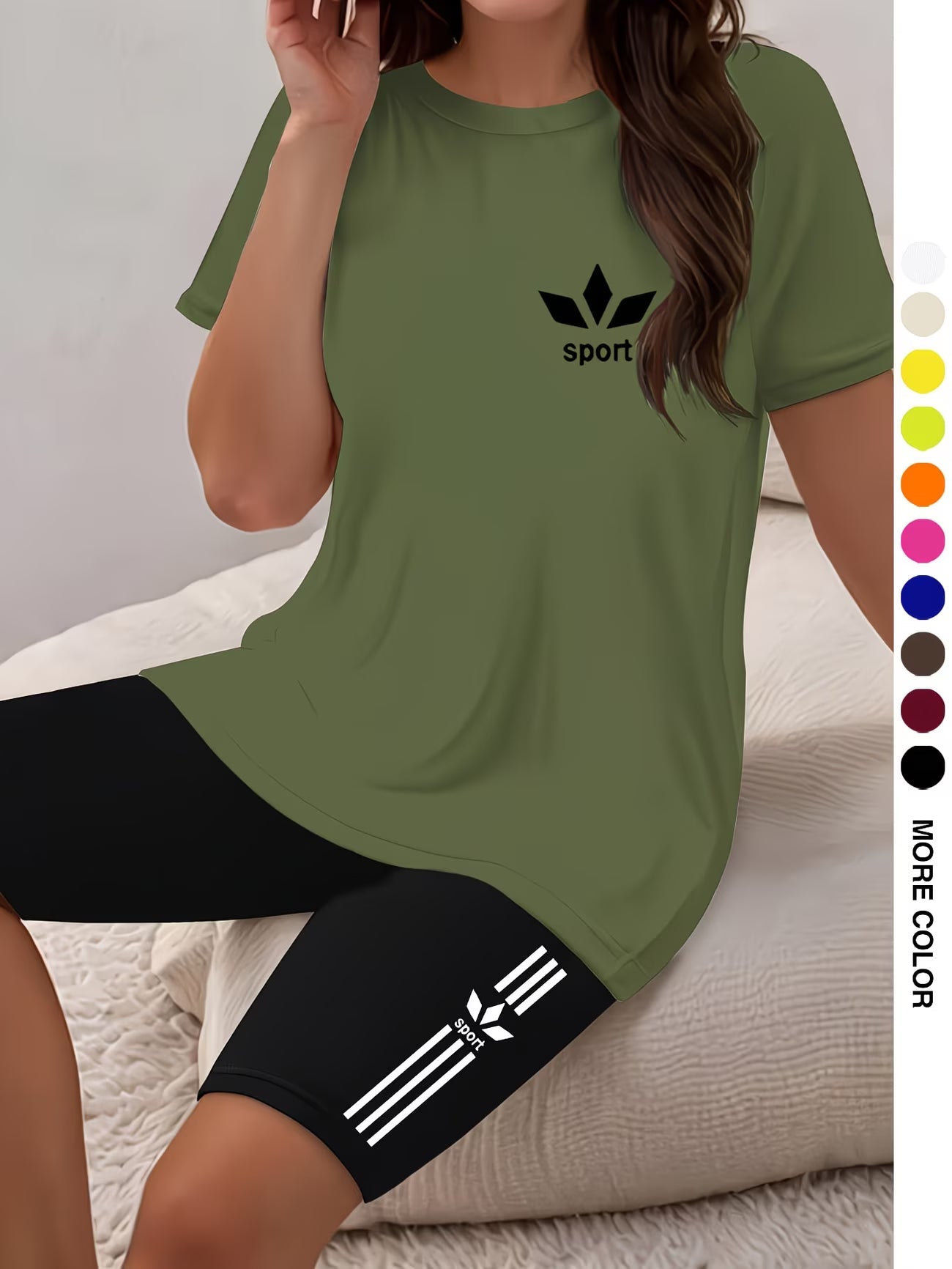 Ensemble deux pièces pour femmes, haut à manches courtes et col rond avec imprimé graphique et short moulant imprimé du XS au 2XL MAEJORKEN