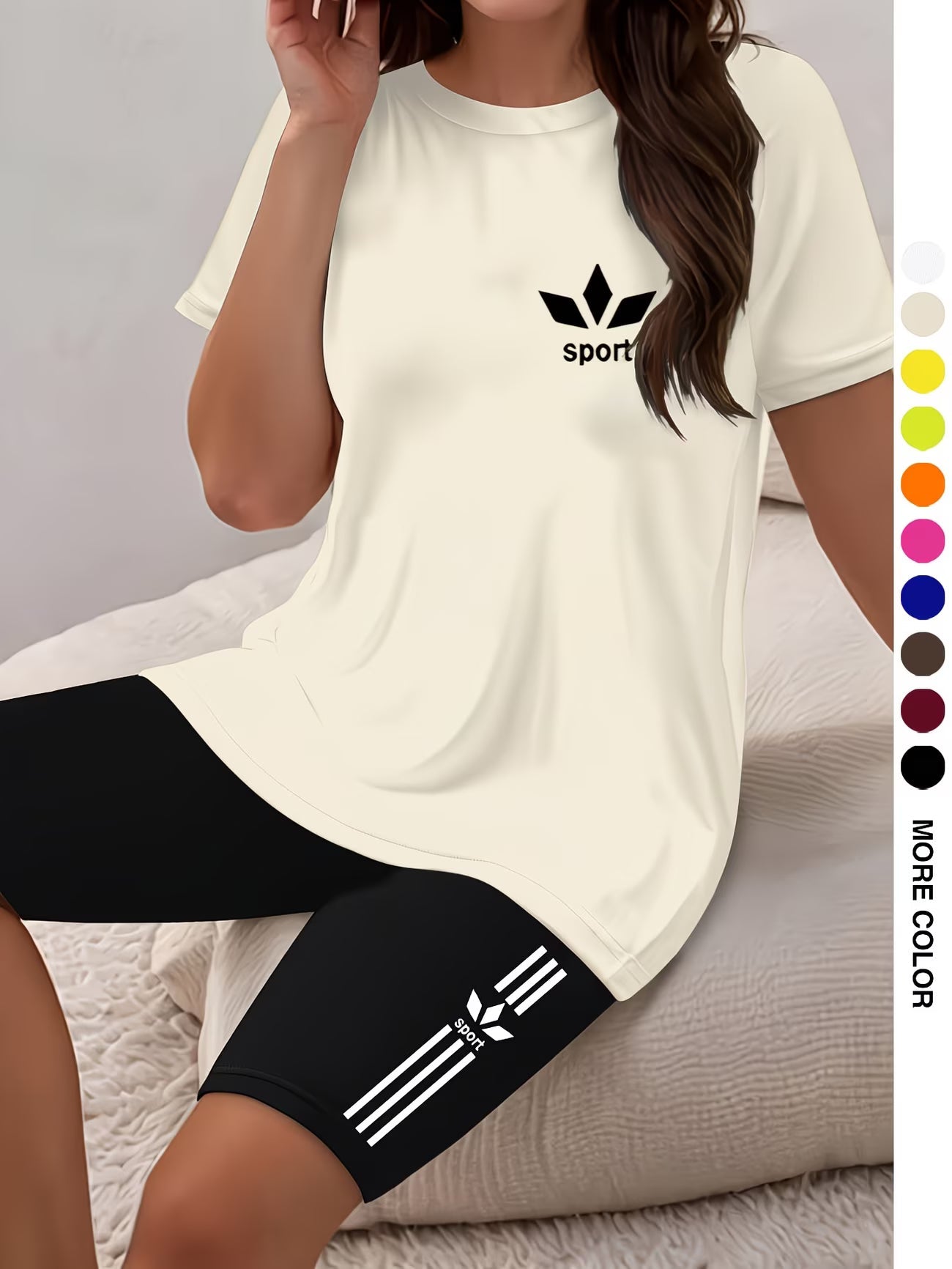 Ensemble deux pièces pour femmes, haut à manches courtes et col rond avec imprimé graphique et short moulant imprimé du XS au 2XL MAEJORKEN
