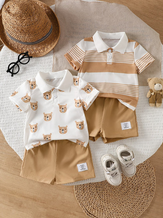 Ensemble 4 pièces pour bébé garçon style européen et américain, motif de dessin animé + Haut à manches courtes rayé et élégant avec patte de boutonnage semi-ouverte + Short à taille élastique du 6 mois au 3 ans MAEJORKEN