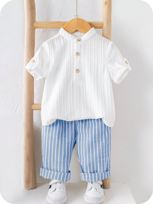 Ensemble 2 pièces pour enfants, style littéraire d'été, comprenant une chemise à manches courtes et col montant, et un pantalon décontracté à rayures du 6 mois au 3 ans MAEJORKEN