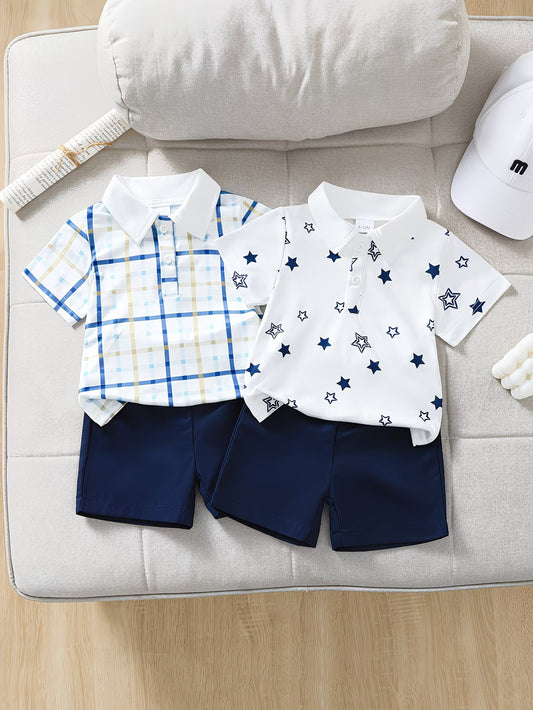 Ensemble d'été pour enfant de style sportif, décontracté 4 pièces : Chemise à manches courtes à ouverture semi-ouverte avec revers et imprimé intégral + Short uni, parfait pour l'extérieur du 6 mois au 3 ans MAEJORKEN