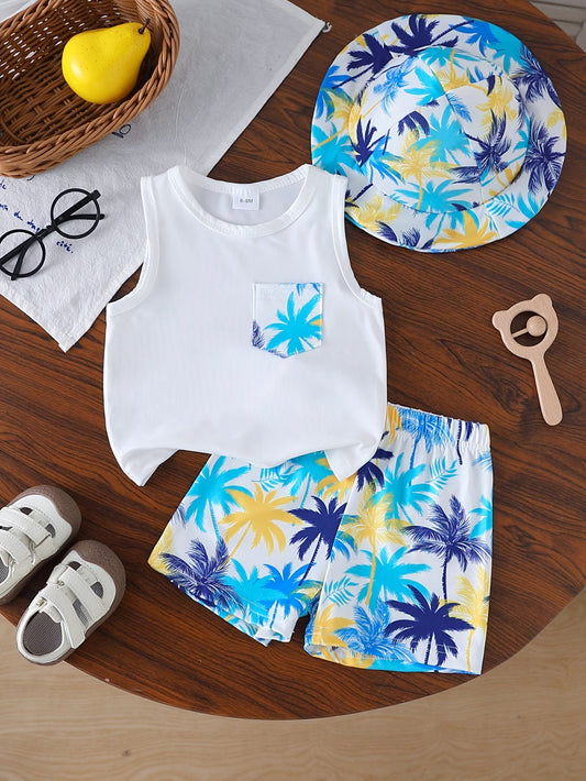 Ensemble de plage d'été pour garçon : ensemble 3 pièces comprenant un débardeur uni avec un imprimé cocotier cool et tendance et des poches à rabat, un short avec une taille élastique, et un chapeau du 6 mois au 3 ans MAEJORKEN
