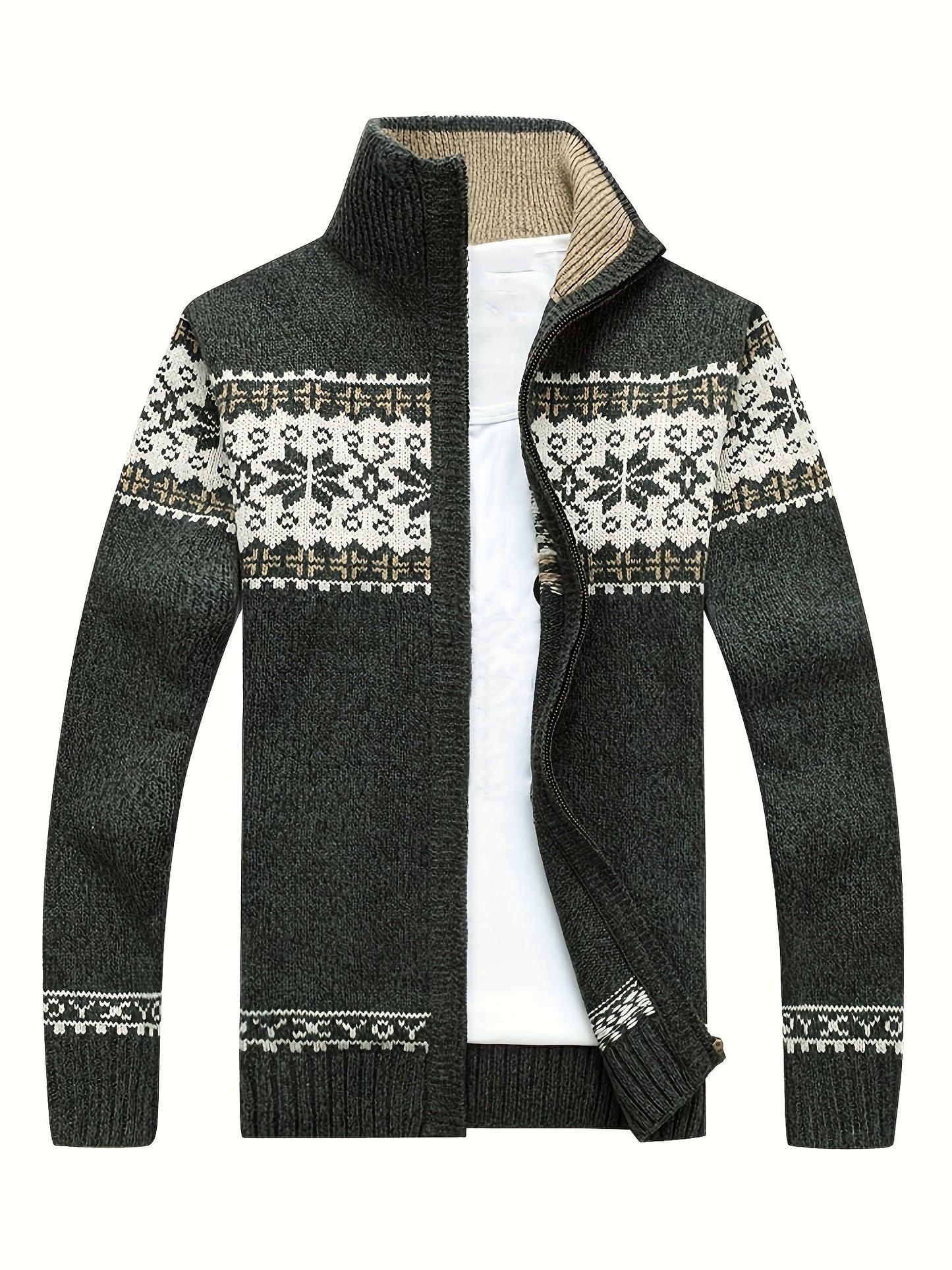 Men'S Casual Winter Knit Cardigan - Black with Intricate White Snowflake Pattern, Stand Collar, Long Sleeve, Zipper Closure, Perfect for Fall & Winter, Everyday Comfort|Stylish Winter Wear|Zippered Cardigan, Thick MAEJORKEN