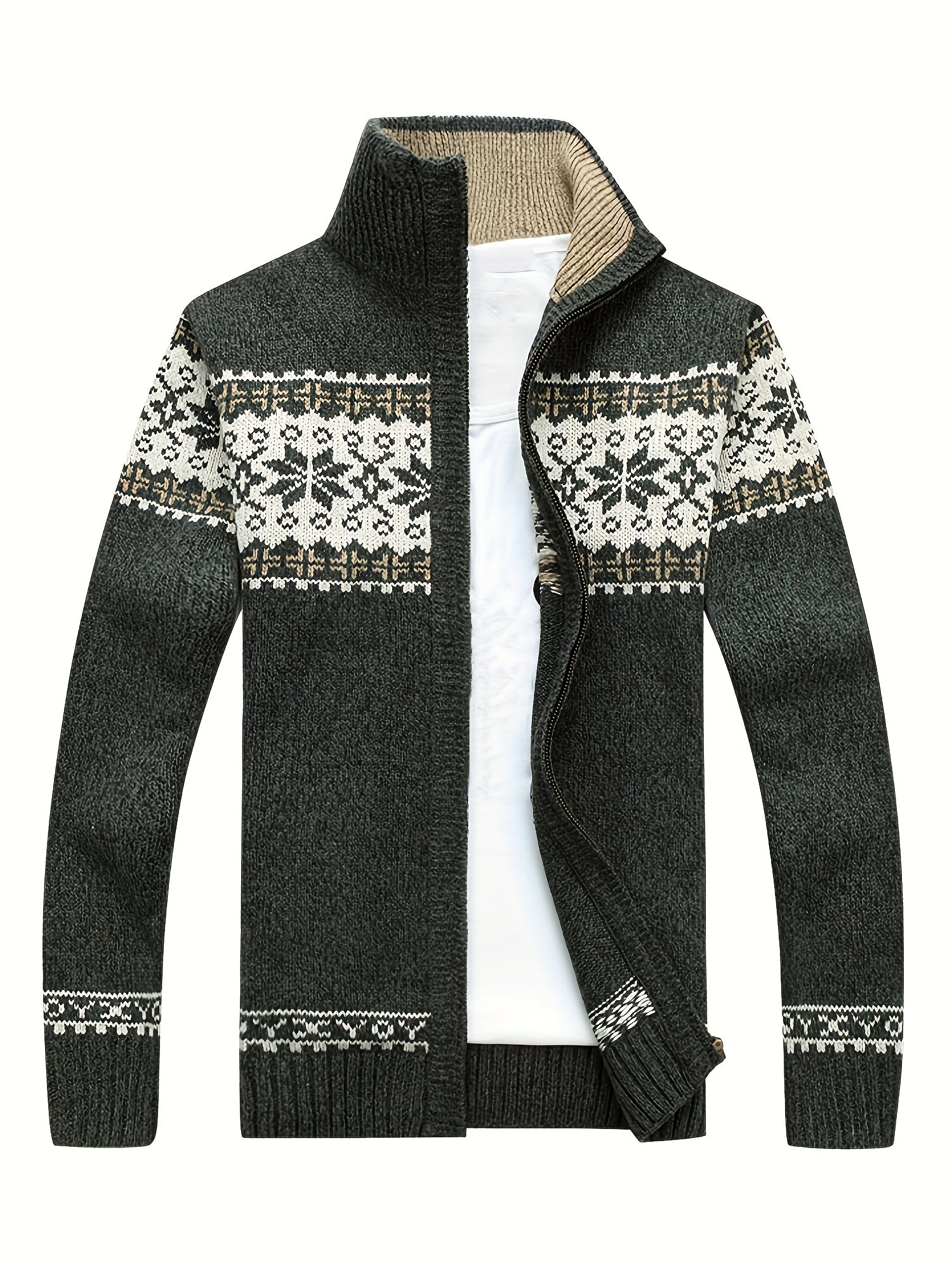 Men'S Casual Winter Knit Cardigan - Black with Intricate White Snowflake Pattern, Stand Collar, Long Sleeve, Zipper Closure, Perfect for Fall & Winter, Everyday Comfort|Stylish Winter Wear|Zippered Cardigan, Thick MAEJORKEN