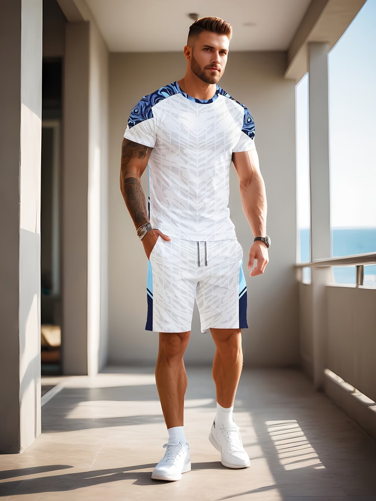 Ensemble blanc pour homme à la pointe de la tendance estivale, composé d'un t-shirt à col ras du cou et d'un short à cordon de serrage avec imprimé à motif du S au 7XL MAEJORKEN