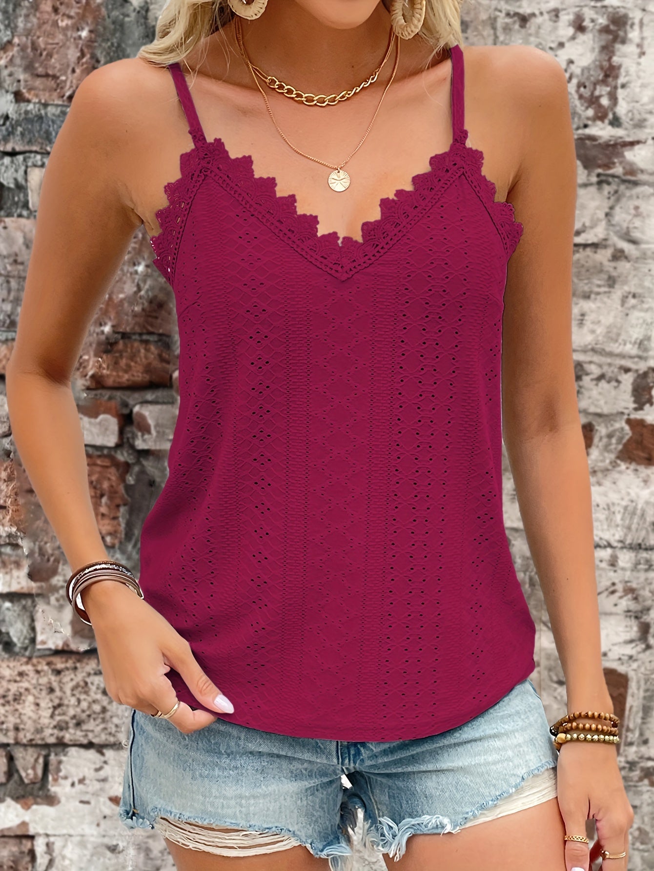 Haut en dentelle contrastée à œillets du S au 2XL