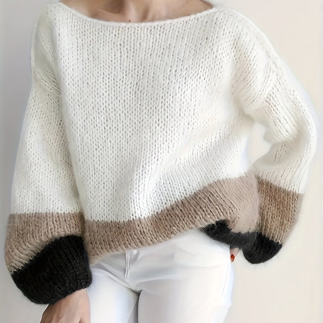 Plus Size, Women's Casual Striped Round Neck Sweater, Loose Fit Winter Pullover with Elasticity, V-Neck Stripe Autumn/Winter Top MAEJORKEN