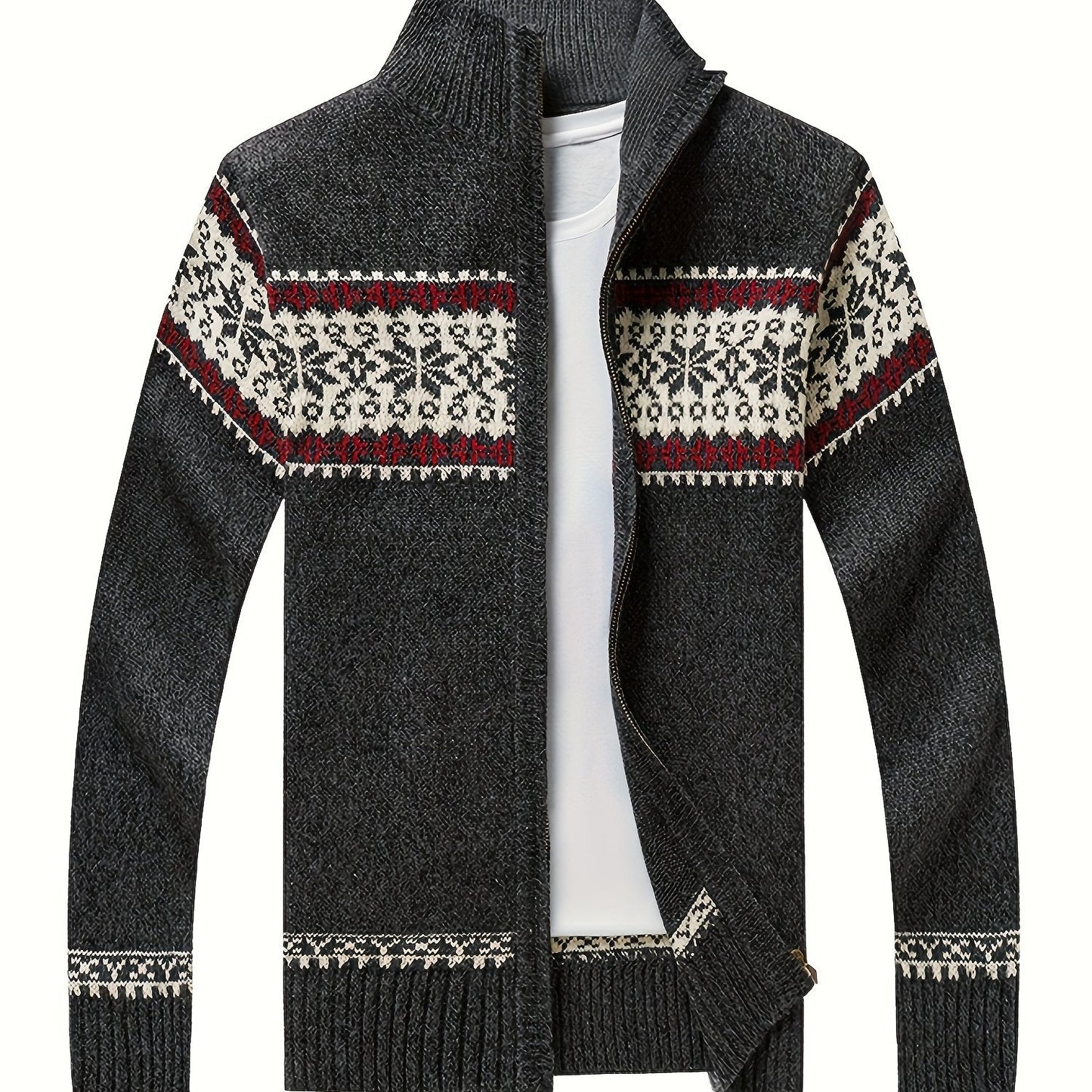 Men'S Casual Winter Knit Cardigan - Black with Intricate White Snowflake Pattern, Stand Collar, Long Sleeve, Zipper Closure, Perfect for Fall & Winter, Everyday Comfort|Stylish Winter Wear|Zippered Cardigan, Thick MAEJORKEN
