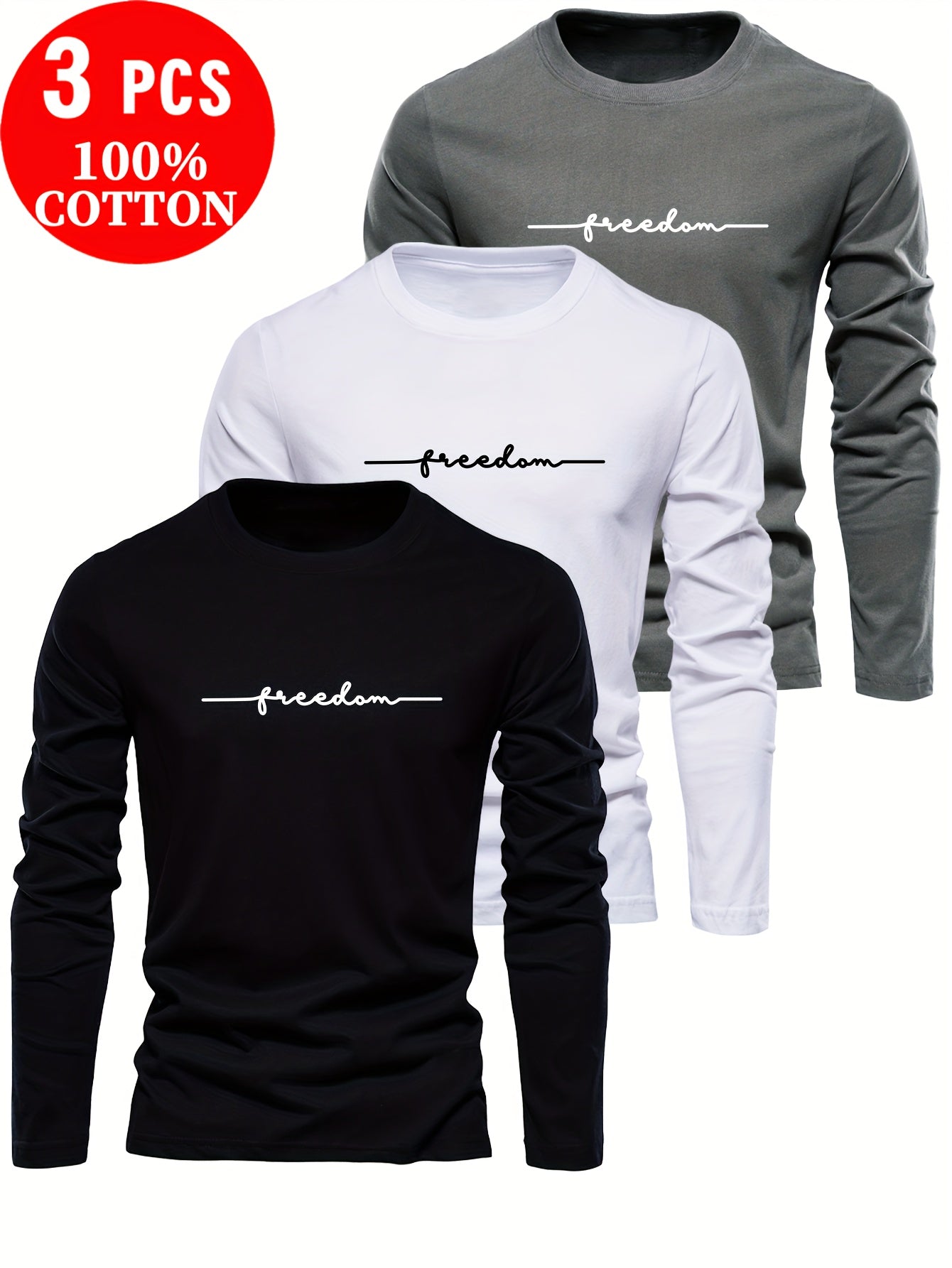 Lot de 3 t-shirts à manches longues 100% coton du XXS au 2XL MAEJORKEN