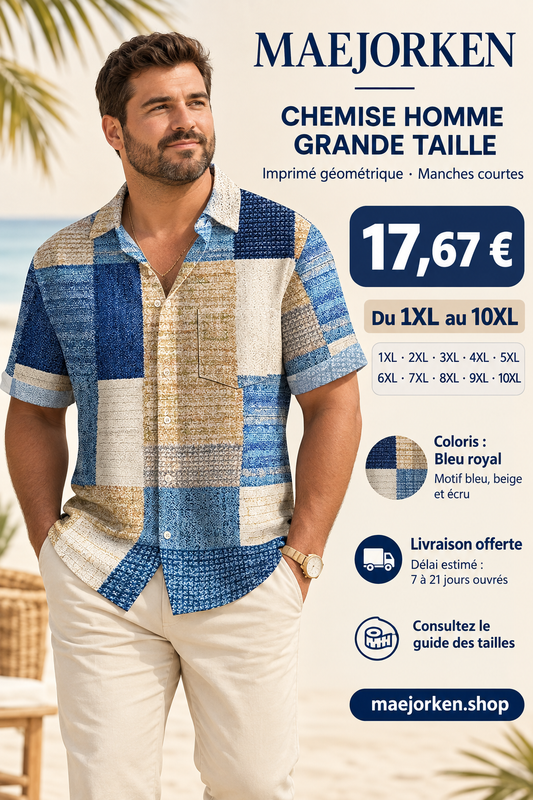 Affiche avec mannequin grande taille portant la chemise géométrique bleu beige et écru, prix 17,67 €, tailles 1XL au 10XL