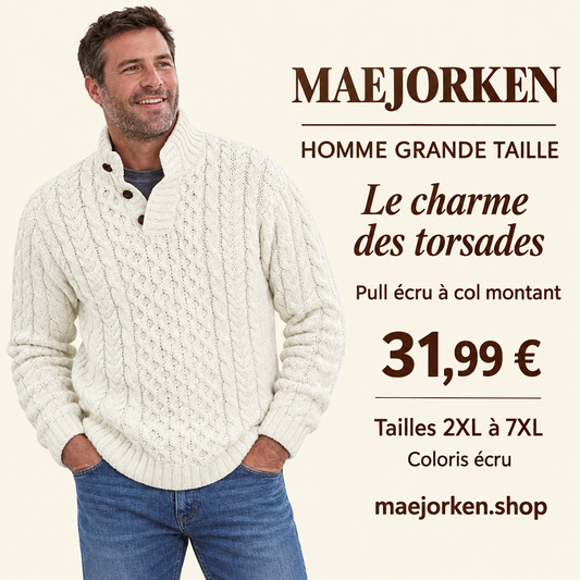 Mannequin homme grande taille portant le pull écru à torsades et col montant boutonné, du 2XL au 7XL, à 31,99 €.
