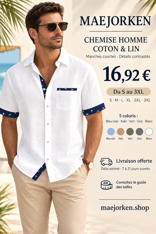 Affiche avec mannequin portant la chemise blanche à détails contrastés, prix 16,92 €, tailles S au 3XL et cinq coloris