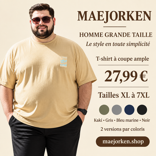 Mannequin homme grande taille portant le T-shirt beige sable à coupe ample, XL à 7XL, 27,99 €.