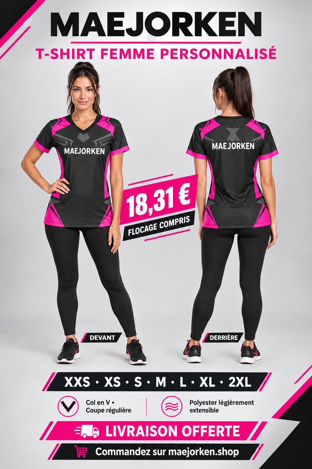 T-shirt femme noir et rose col V sur mannequin de face et de dos, nom MAEJORKEN blanc devant et derrière sans logo ni numéro, 18,31 €, XXS à 2XL, flocage compris.