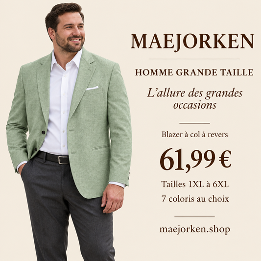 Mannequin homme grande taille portant le blazer vert menthe à col à revers, 1XL à 6XL, 61,99 €, sept coloris.
