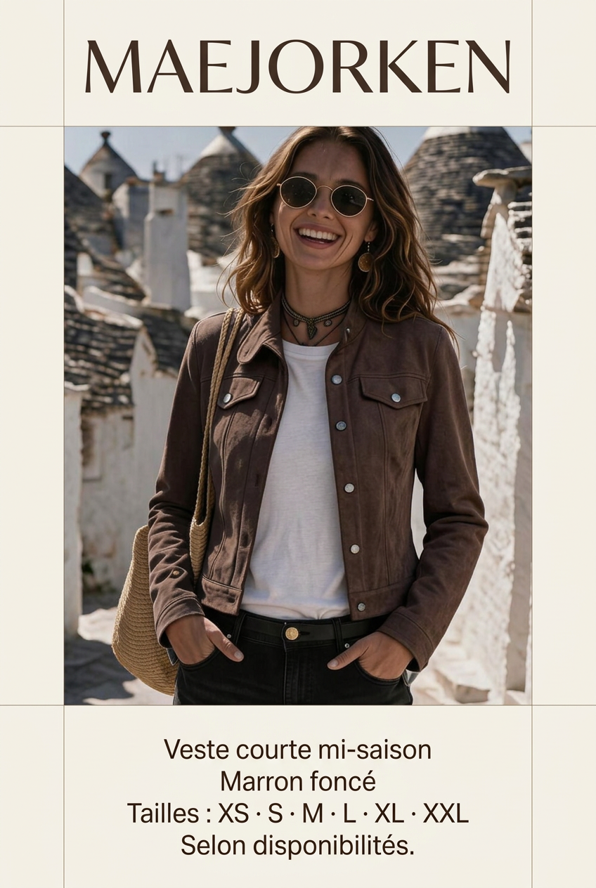 Affiche MAEJORKEN veste marron foncé avec mannequin, tailles XS à XXL