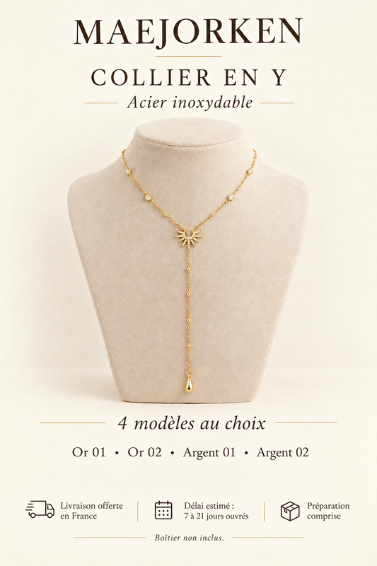 Collier en Y doré avec motif soleil et chaîne pendante présenté sur un support crème. Acier inoxydable, quatre modèles au choix. Livraison offerte en France, délai estimé 7 à 21 jours ouvrés préparation comprise, boîtier non inclus.