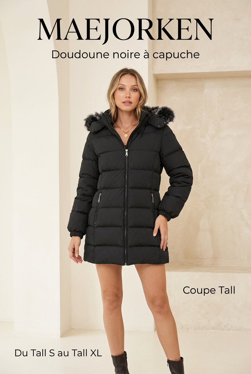 Affiche MAEJORKEN – doudoune noire à capuche EURMUSE coupe Tall portée par un mannequin