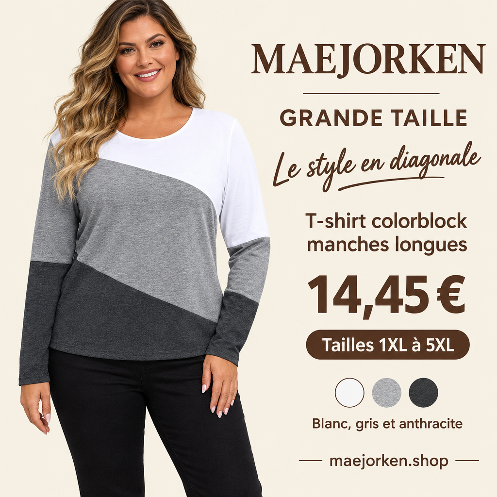 Mannequin portant le T-shirt colorblock blanc gris et anthracite MAEJORKEN, manches longues, tailles 1XL à 5XL, 14,45 €.
