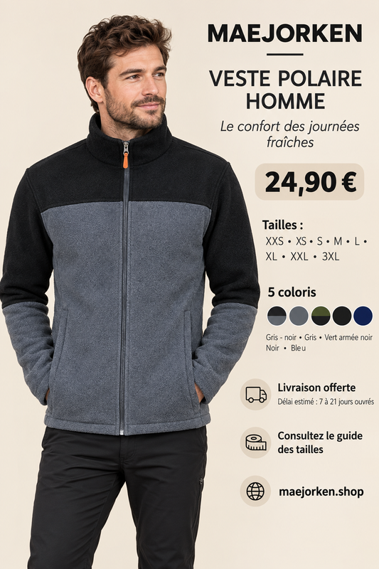 Veste polaire gris noir portée par un homme, 24,90 euros, tailles XXS au 3XL, cinq coloris et livraison estimée 7 à 21 jours ouvrés