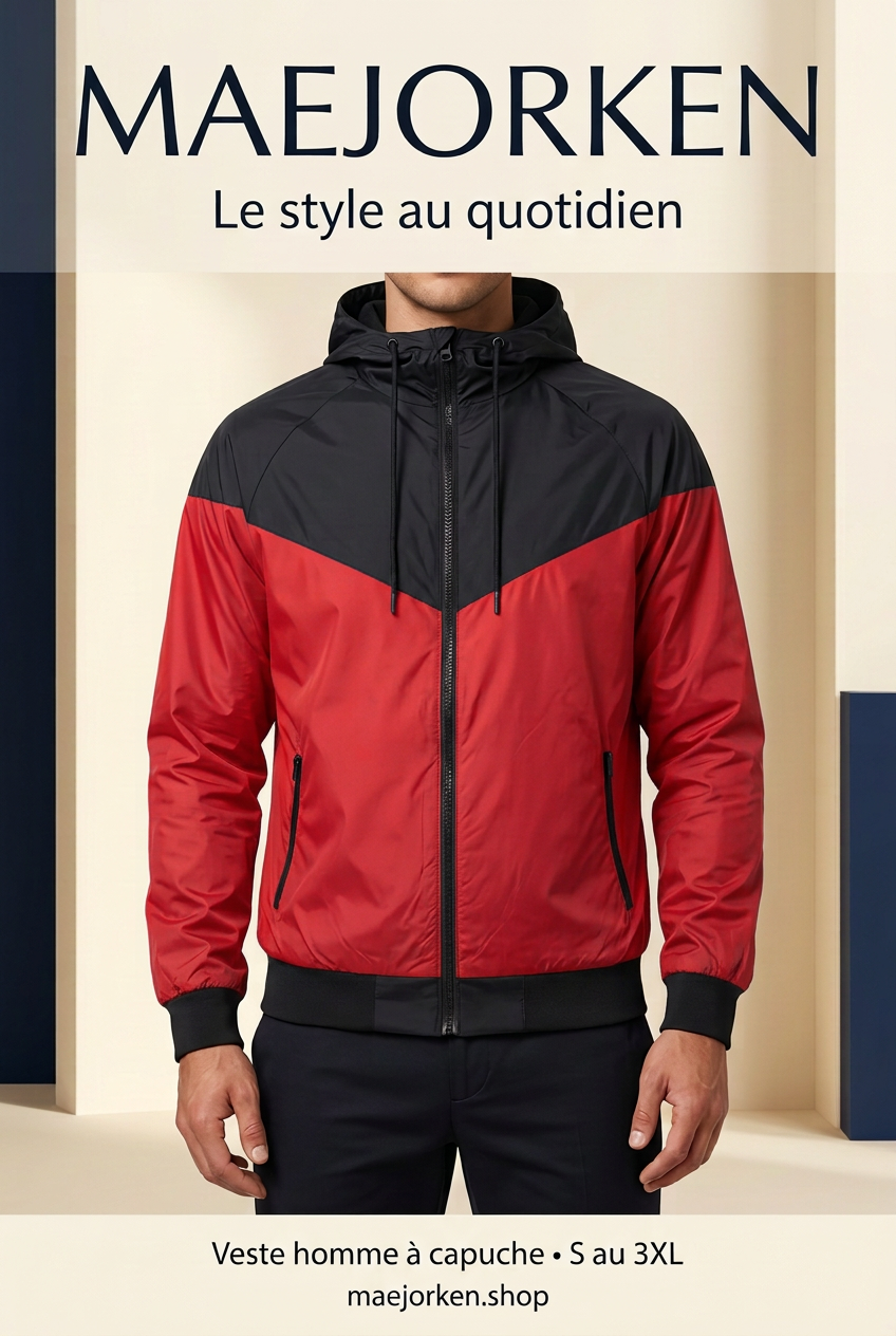 Affiche MAEJORKEN sans prix, veste rouge et noire portée par un mannequin virtuel